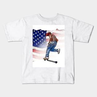 Patriotic Scooter Rider and US Flag Artwork Kids T-Shirt